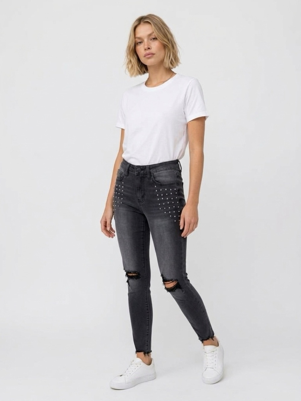 KanCan KC11154 Studded Distressed Skinny Jeans 26 Faded Black Raw Hem